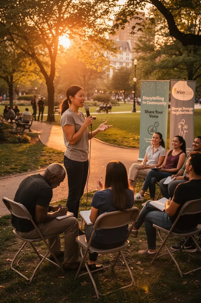 Community members engaged in a dialogue, listening attentively.